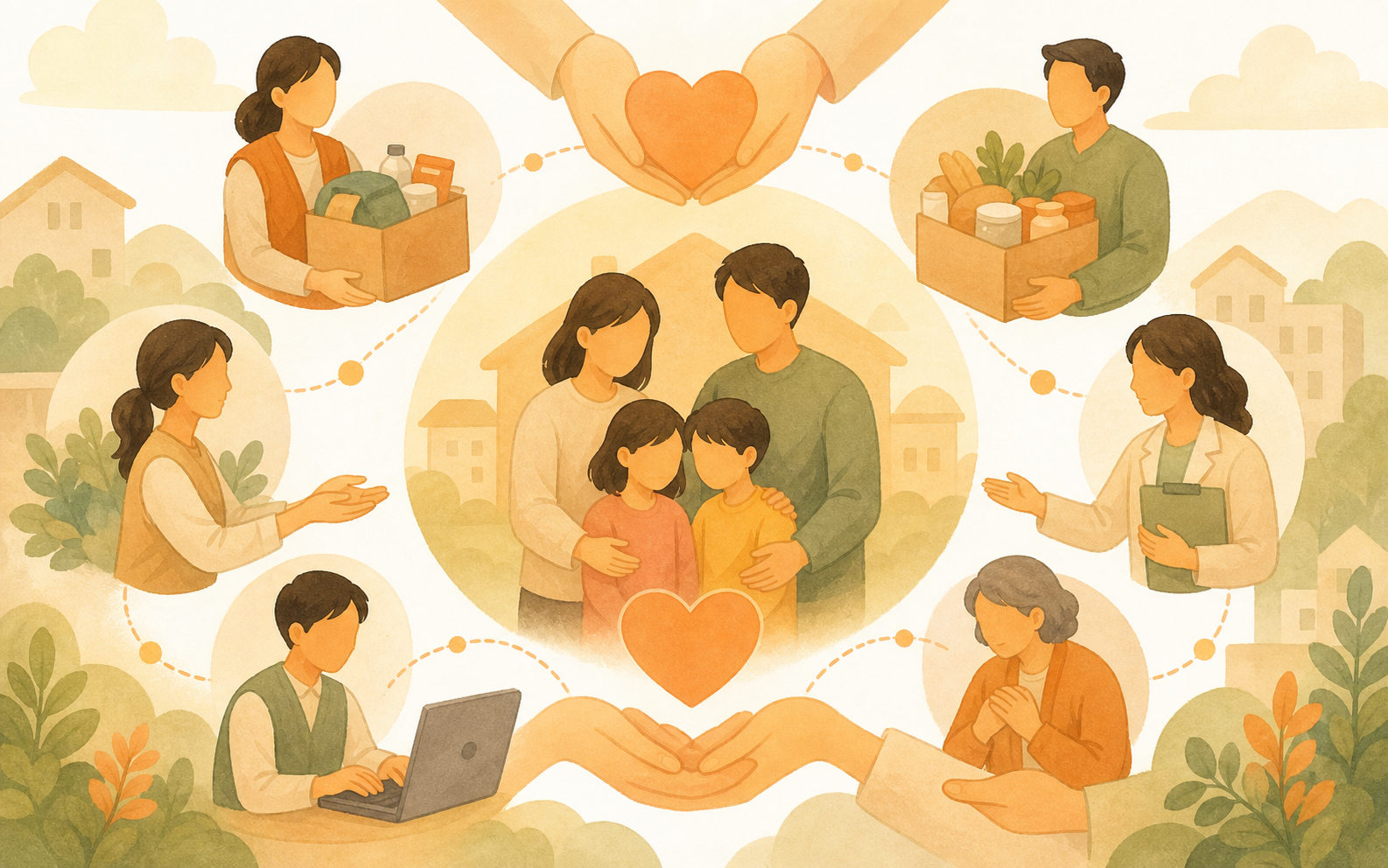 整合社區資源支持弱勢家庭的柔和插畫