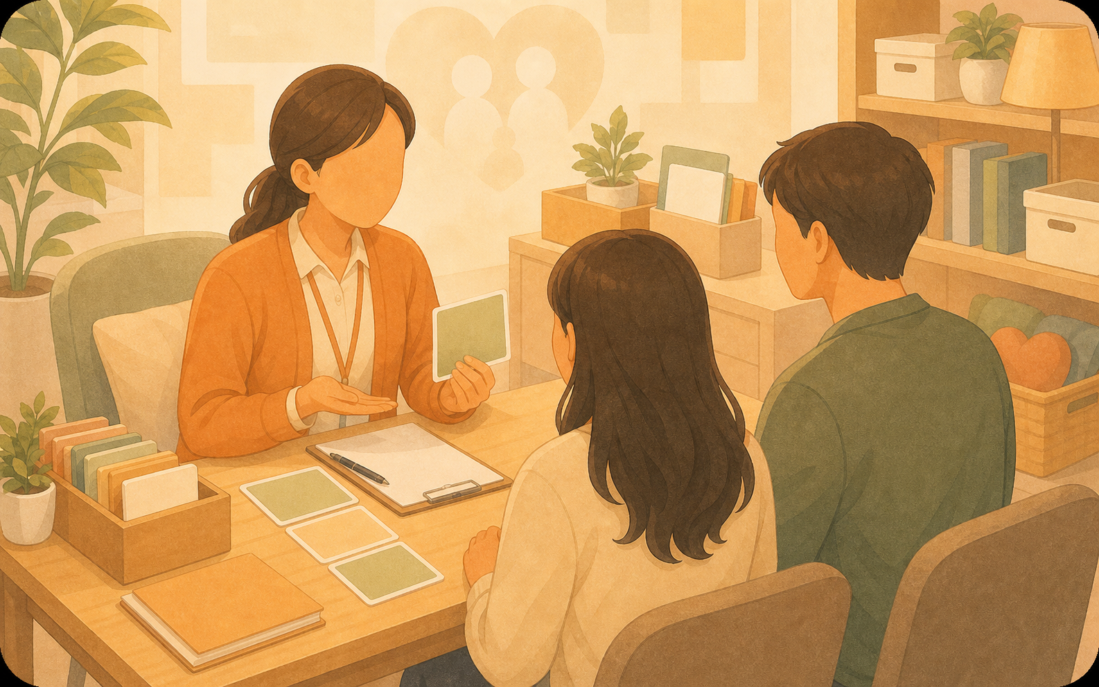 社工部門進行個案服務與資源連結的柔和插畫