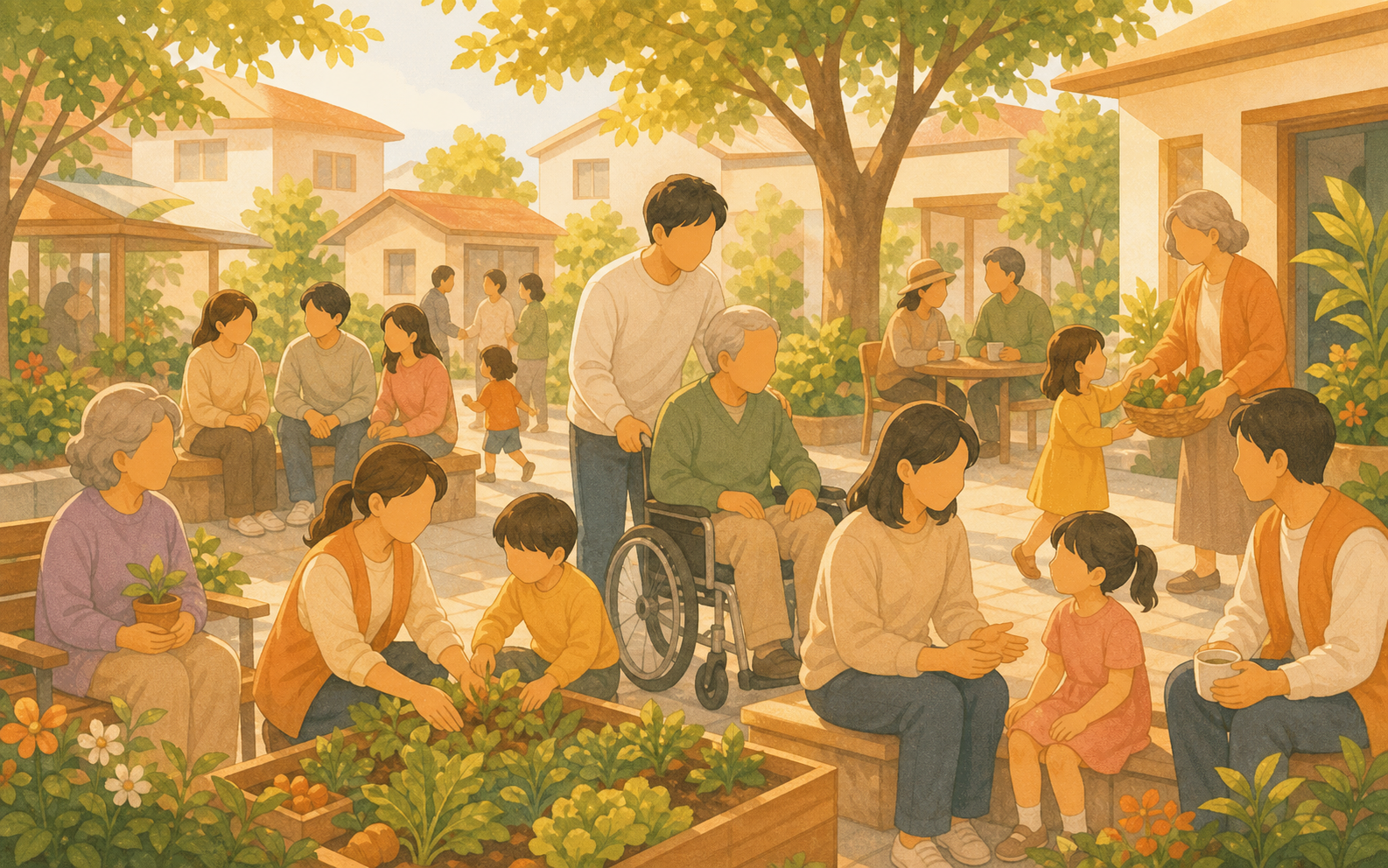 居民共享溫暖共融社區生活的柔和插畫
