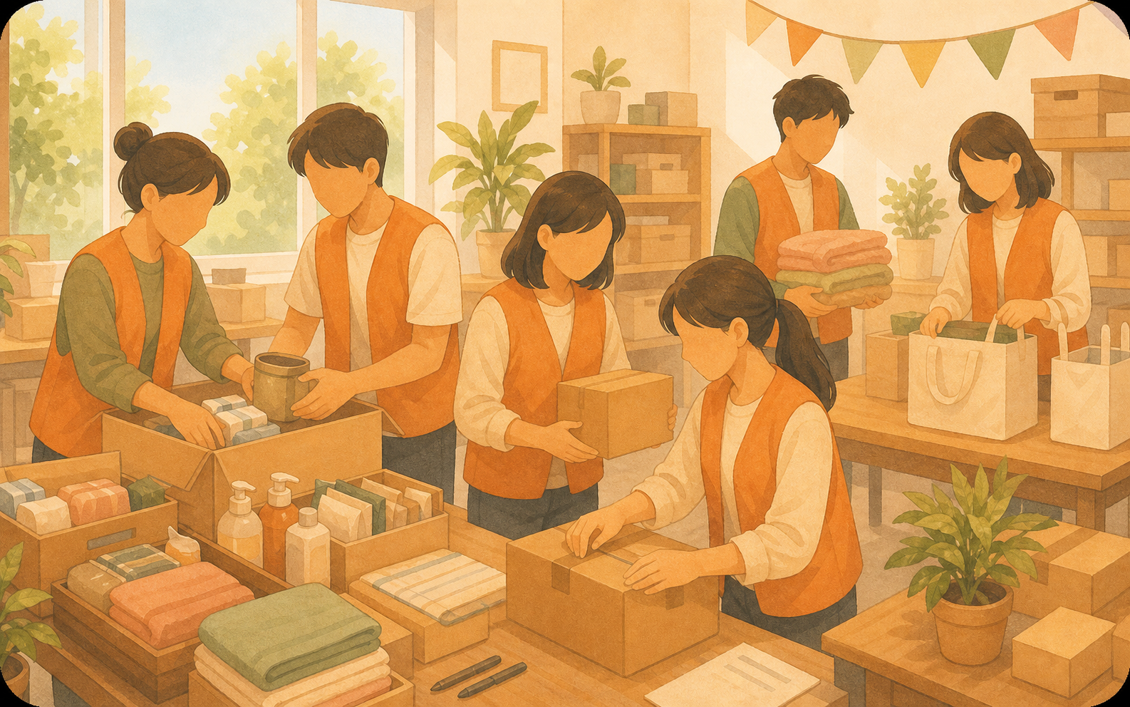 志工組一起準備物資並支援服務的柔和插畫