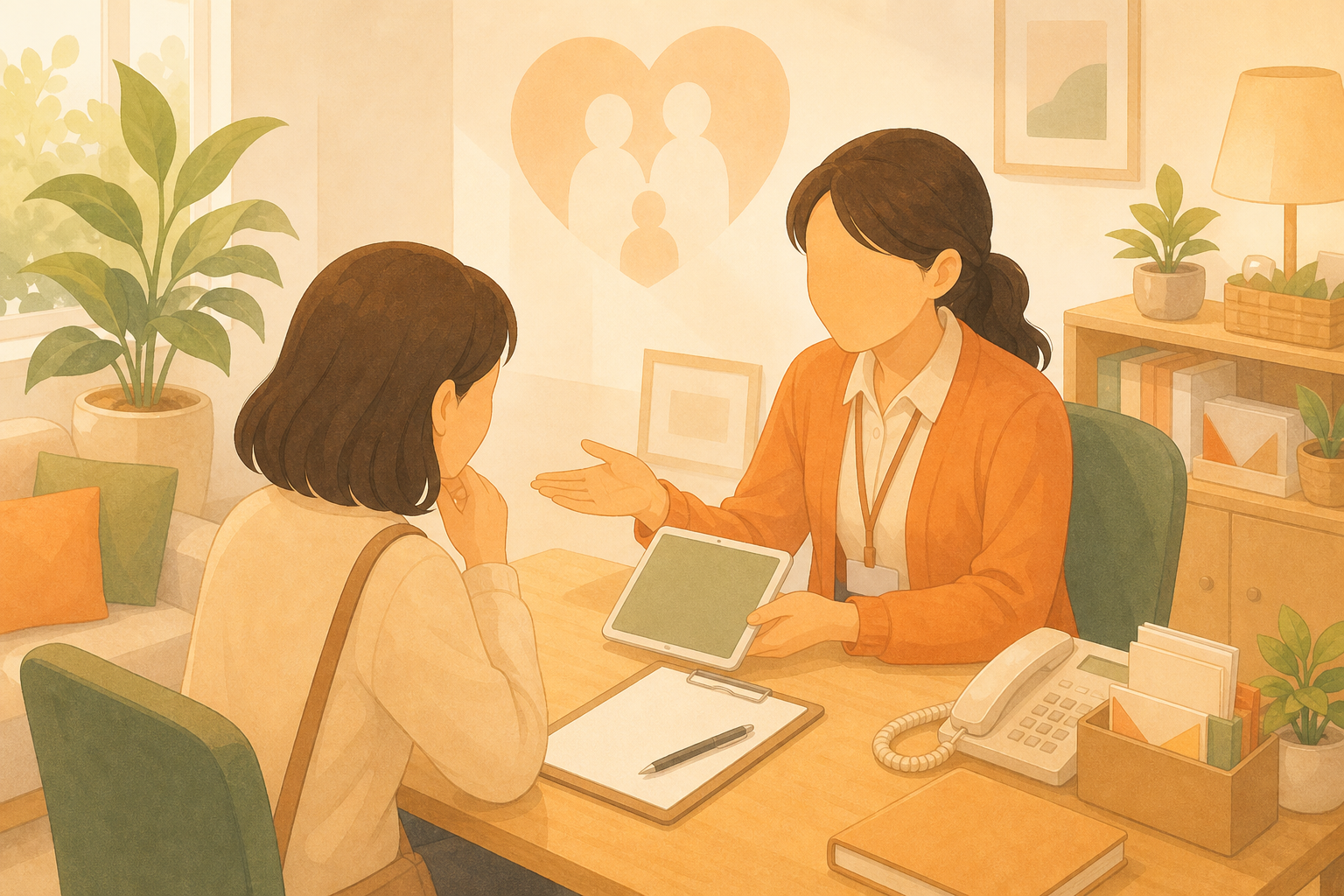 基金會工作人員協助居民諮詢服務的柔和插畫