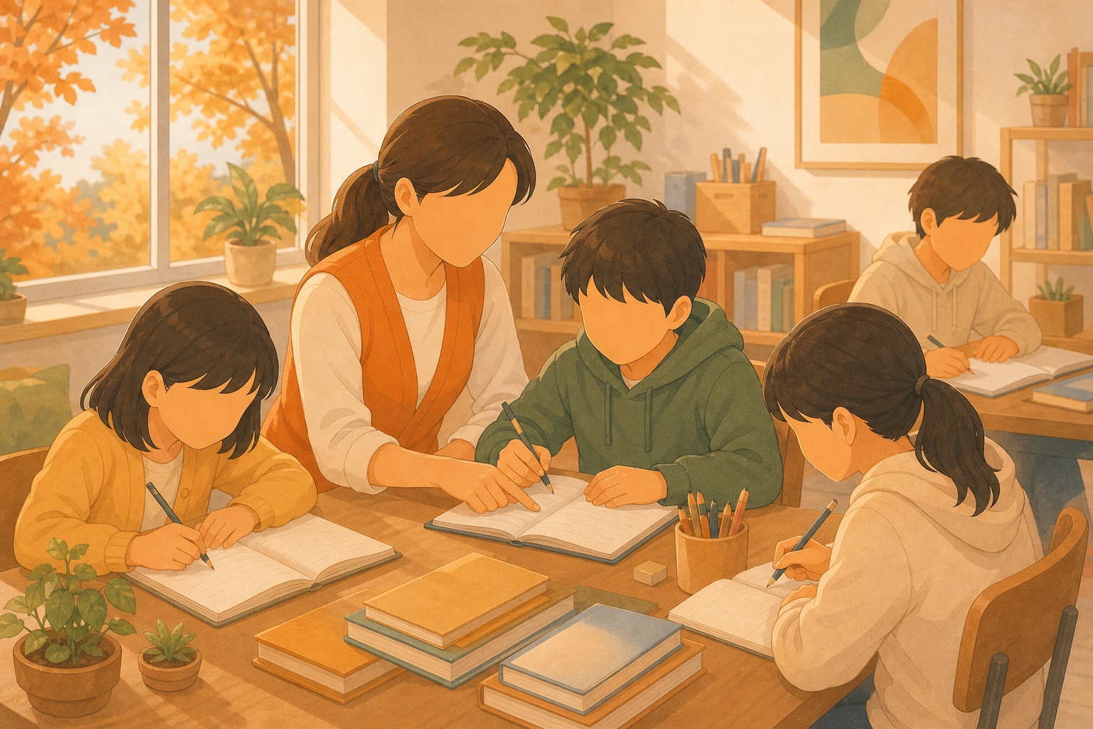 秋季課後輔導班學習情境的柔和插畫