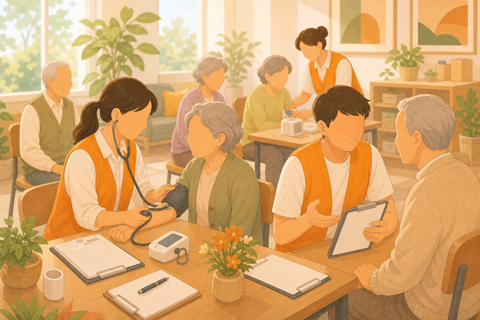 社區長者健康篩檢活動的柔和插畫