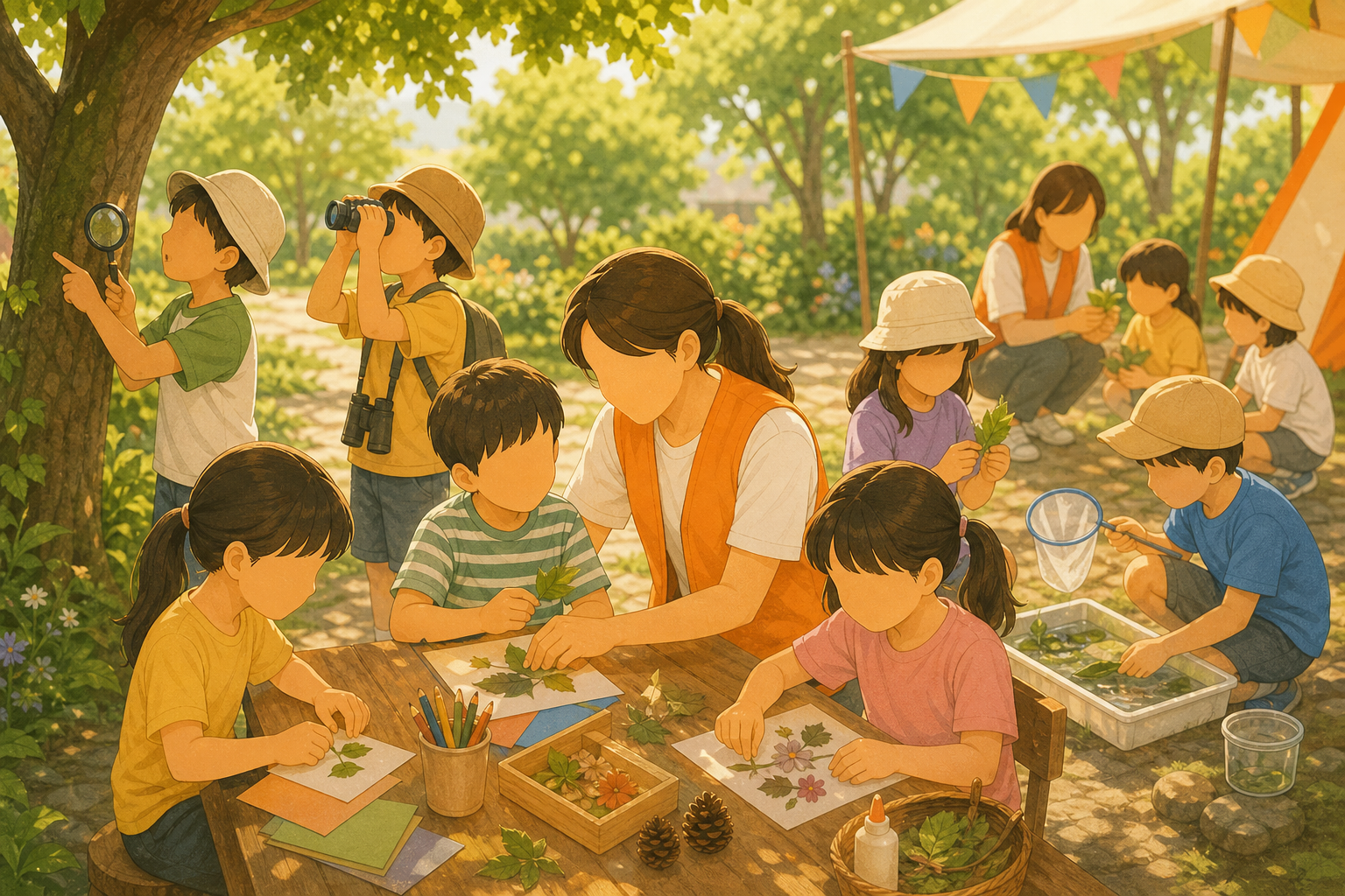 暑期兒童夏令營活動的柔和插畫