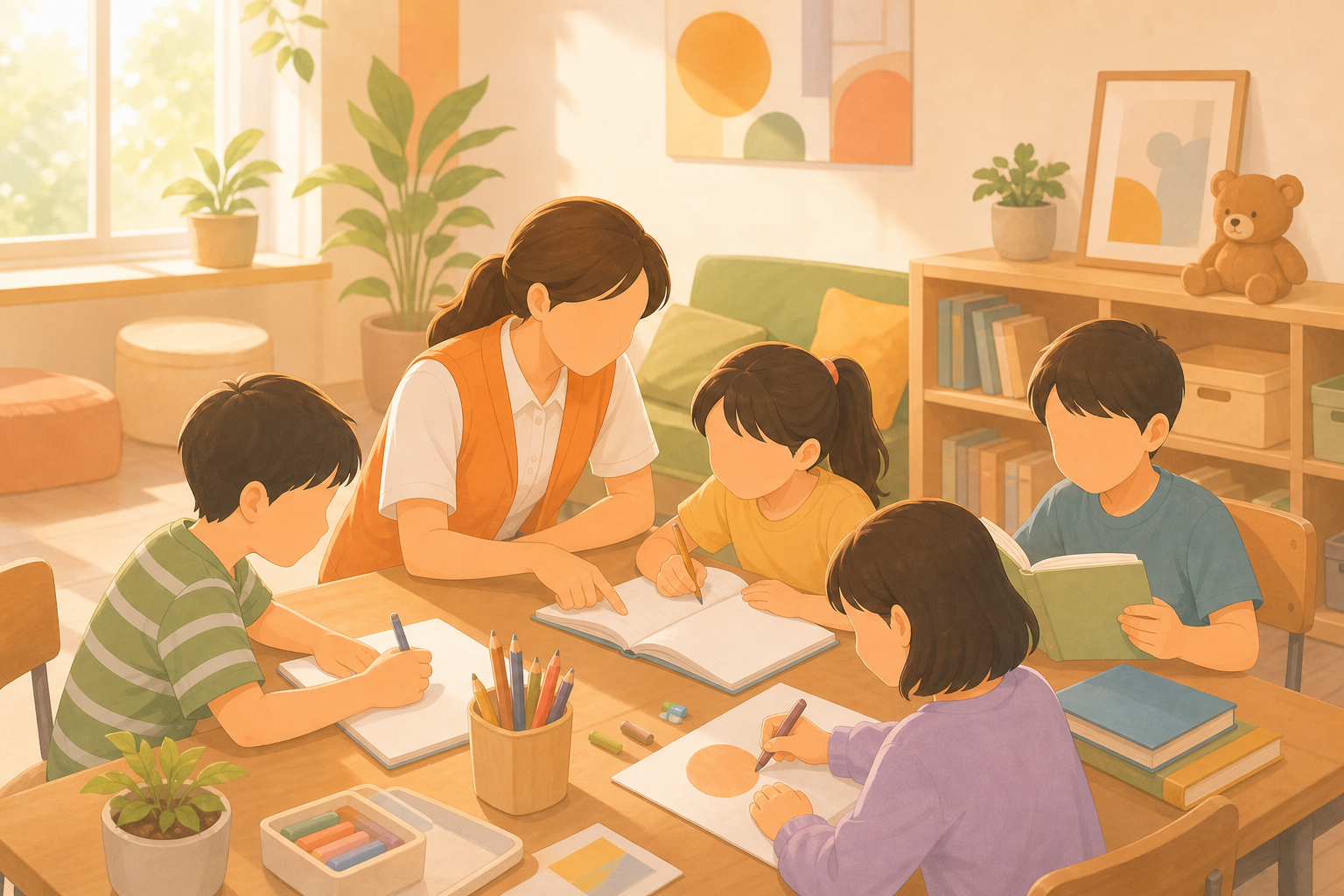 社區課後輔導與兒少學習支持的柔和插畫
