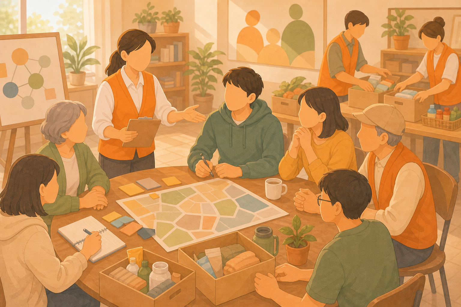 志工與居民共同連結社區資源的柔和插畫