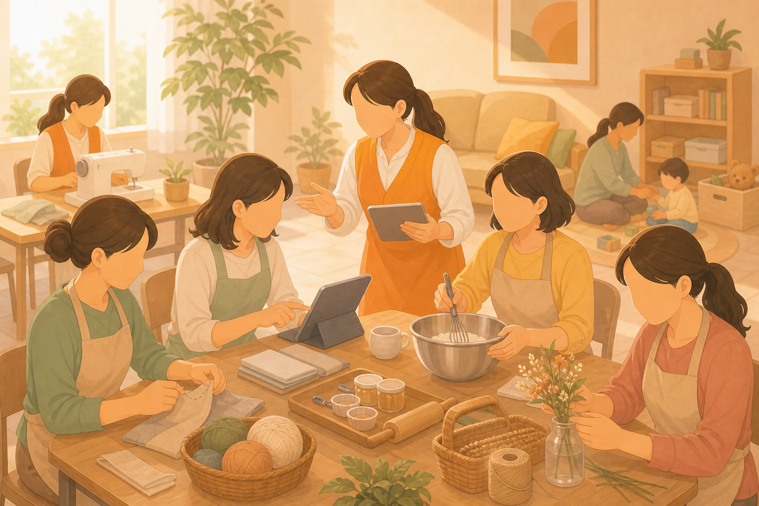 社區婦女參與技能培訓與自我成長課程的柔和插畫